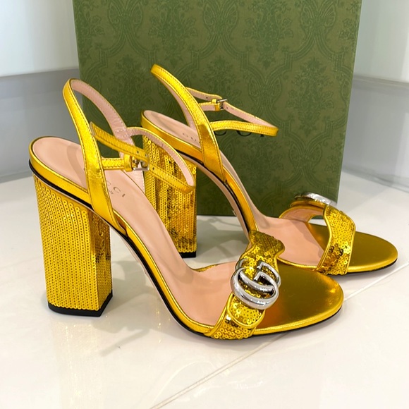 Gucci Shoes - Gucci Gold Sequined Marmont Heel
